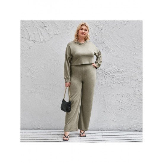  Pure Color Round Neck Women's Trousers Suit