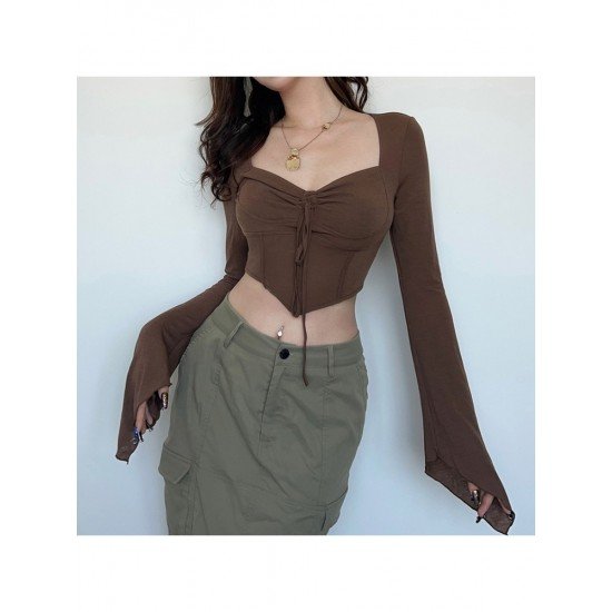 Y2K Style Vintage Ruched Long Sleeve Crop Tops