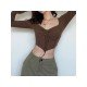 Y2K Style Vintage Ruched Long Sleeve Crop Tops