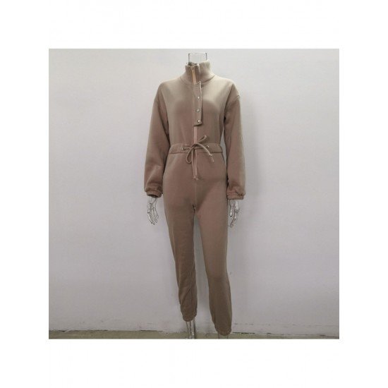  Winter Pure Color Long Sleeve Casual Jumpsuit