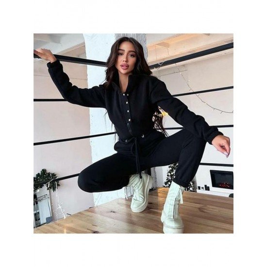  Winter Pure Color Long Sleeve Casual Jumpsuit