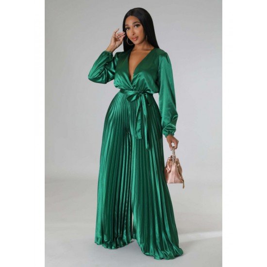  Pure Color V-Neck Pleated Women's Jumpsuit