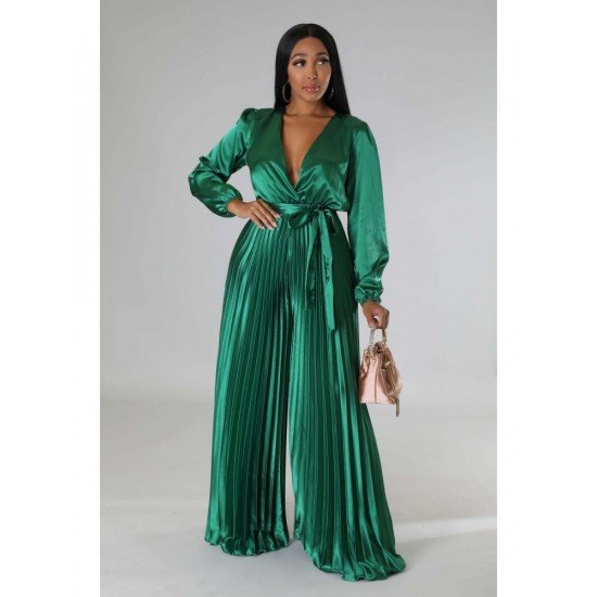  Pure Color V-Neck Pleated Women's Jumpsuit