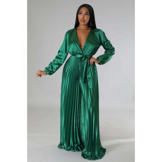  Pure Color V-Neck Pleated Women's Jumpsuit