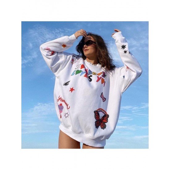  Fashion Letter Printed Butterfly Pattern Pullover Top