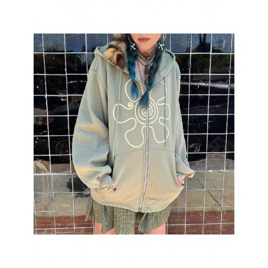 Printed Pockets Oversized Hooded Collar Women Coats