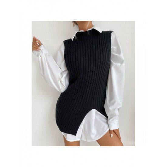 Sleeveless Slit Black Sweaters For Women