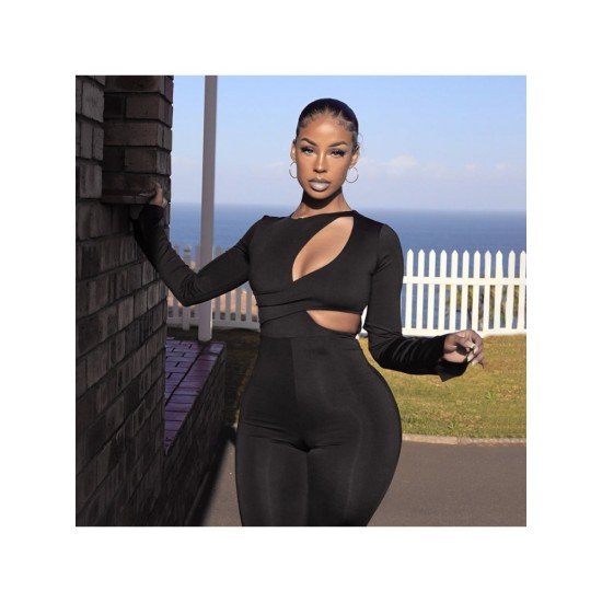 Sexy Hollowed Out Pure Color Long Sleeve Jumpsuit