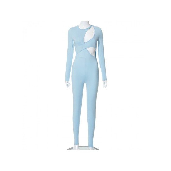 Sexy Hollowed Out Pure Color Long Sleeve Jumpsuit