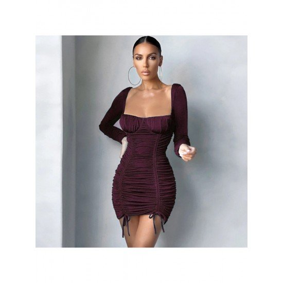  Sexy Pure Color Drawstring Tight Women's Dress