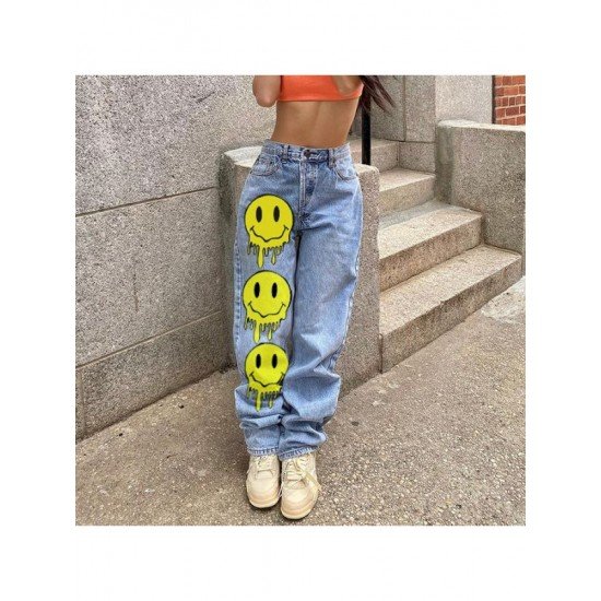  Smiling Face Printing Casual Denim Pants