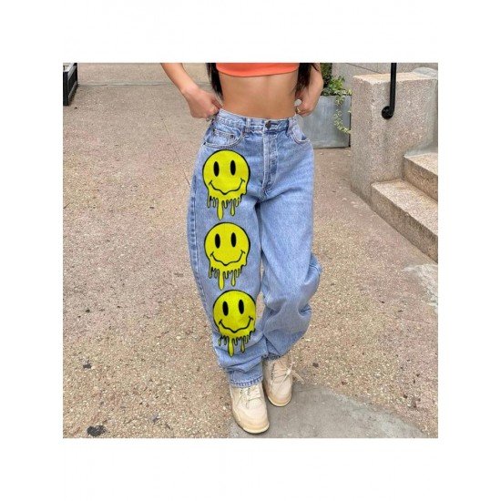  Smiling Face Printing Casual Denim Pants