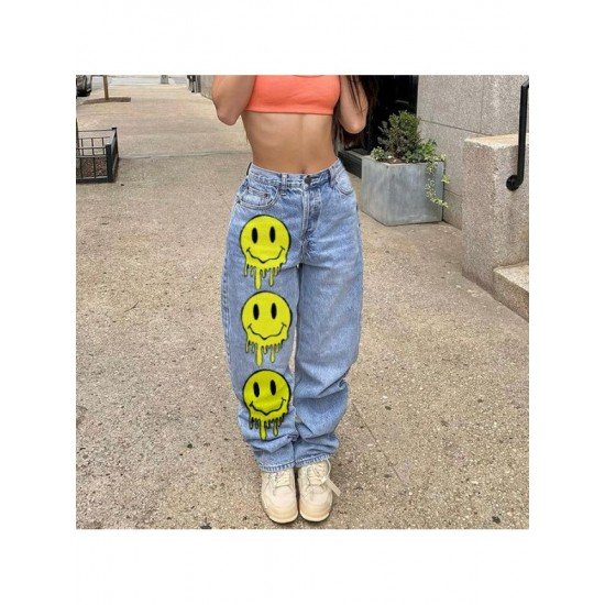  Smiling Face Printing Casual Denim Pants