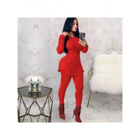 Solid V Neck Slit Matching 2 Piece Trouser Stets