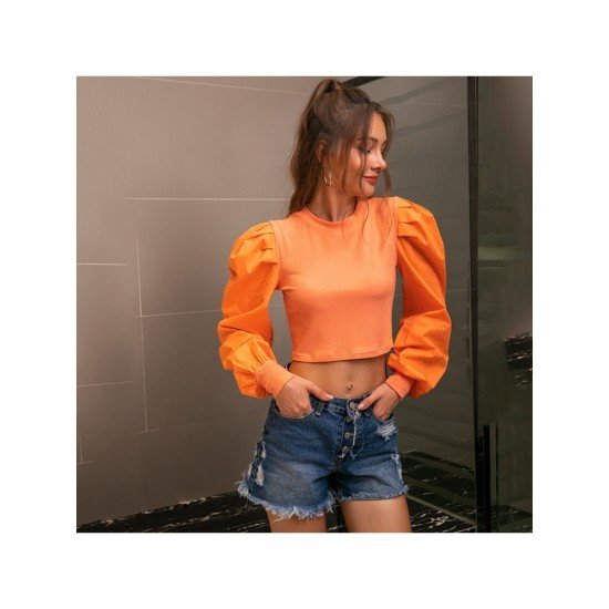 Puff Sleeve Solid Cropped Tops For Women