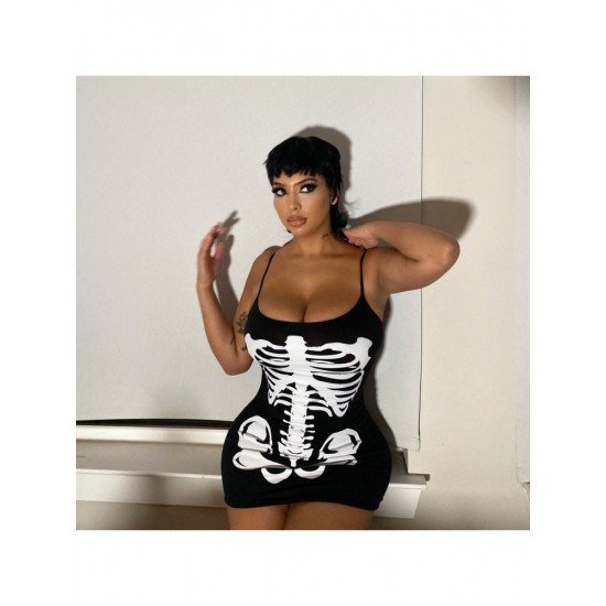  Sexy U Neck Skull Printing Women's Sleeveless Dress