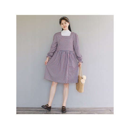  2022 Fall Square Collar Plaid Long Sleeve Dress