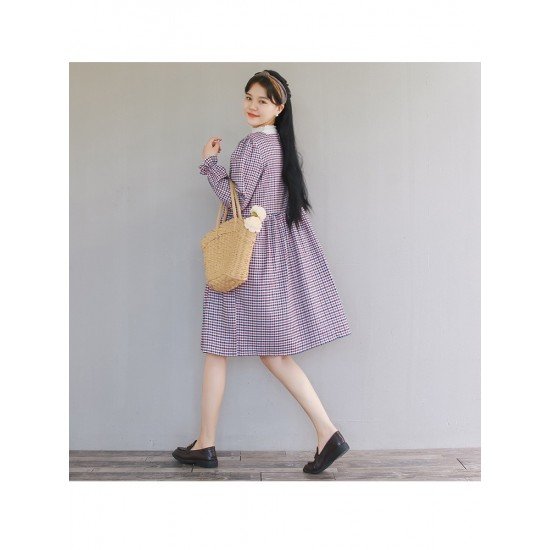  2022 Fall Square Collar Plaid Long Sleeve Dress