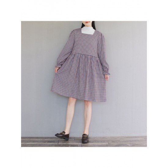  2022 Fall Square Collar Plaid Long Sleeve Dress