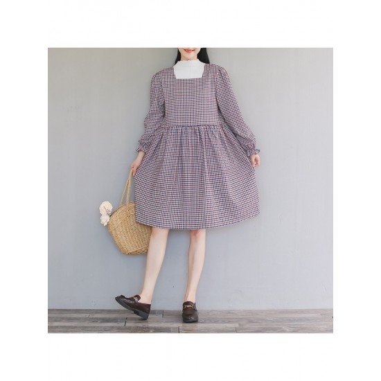  2022 Fall Square Collar Plaid Long Sleeve Dress