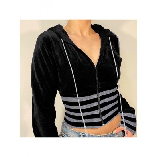 Striped Patchwork Velvet Hooded Coats For Women