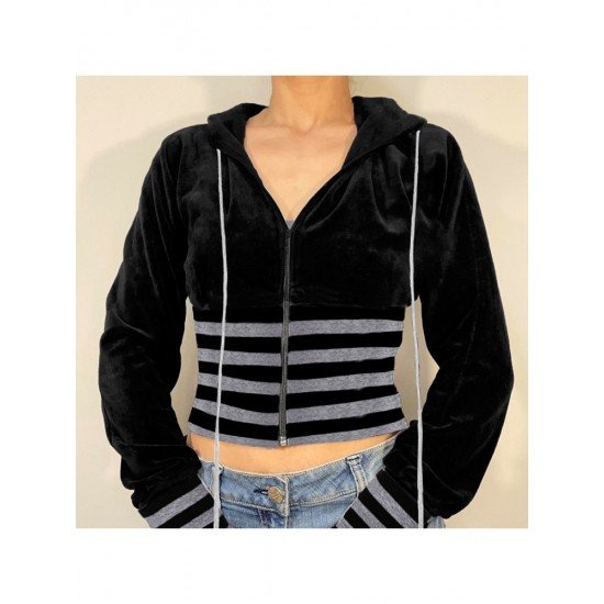 Striped Patchwork Velvet Hooded Coats For Women