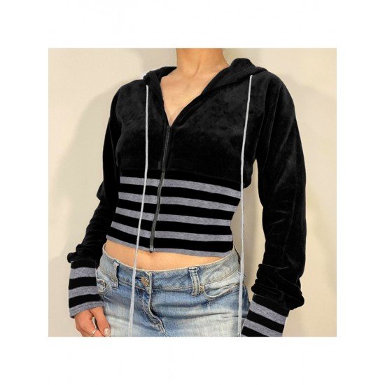 Striped Patchwork Velvet Hooded Coats For Women