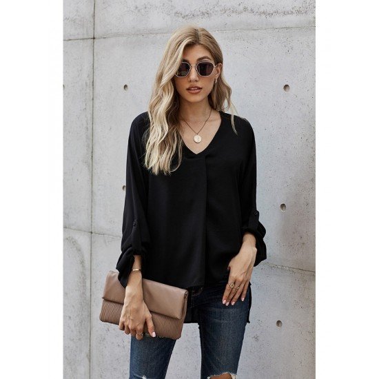  Loose V-Neck Pure Color Long Sleeve Shirt