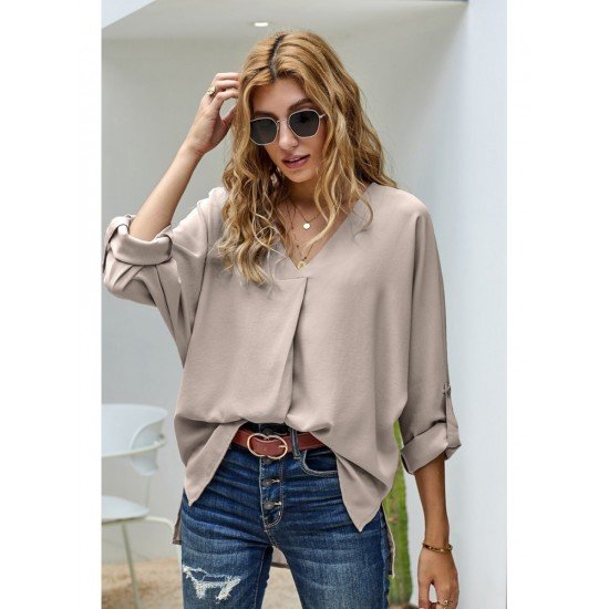  Loose V-Neck Pure Color Long Sleeve Shirt