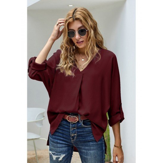  Loose V-Neck Pure Color Long Sleeve Shirt