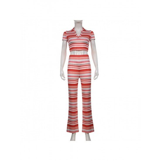  Casual Striped Crop Top And Trouser Women's Suit