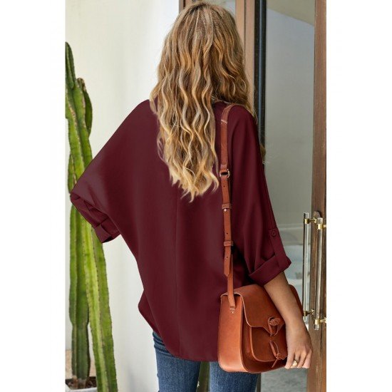  Loose V-Neck Pure Color Long Sleeve Shirt