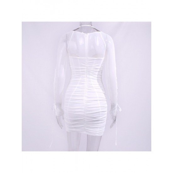  Sexy White Halter Gauze Ruched Long Sleeve Dress