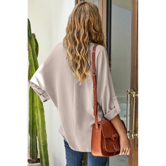  Loose V-Neck Pure Color Long Sleeve Shirt