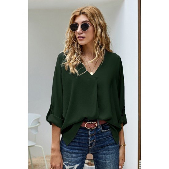  Loose V-Neck Pure Color Long Sleeve Shirt