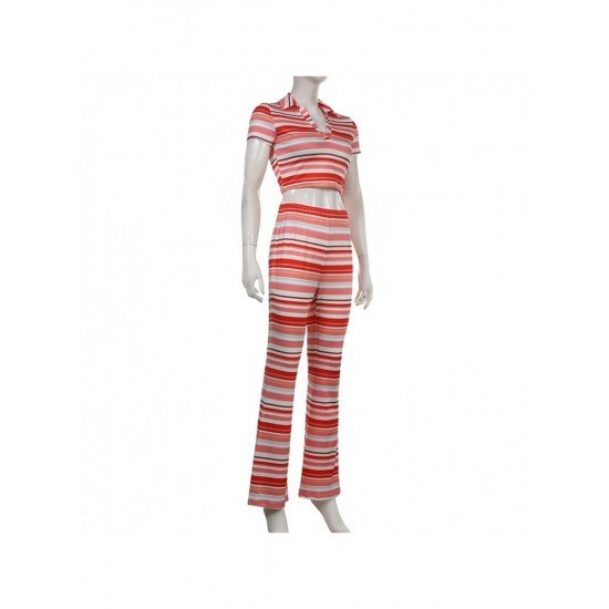  Casual Striped Crop Top And Trouser Women's Suit