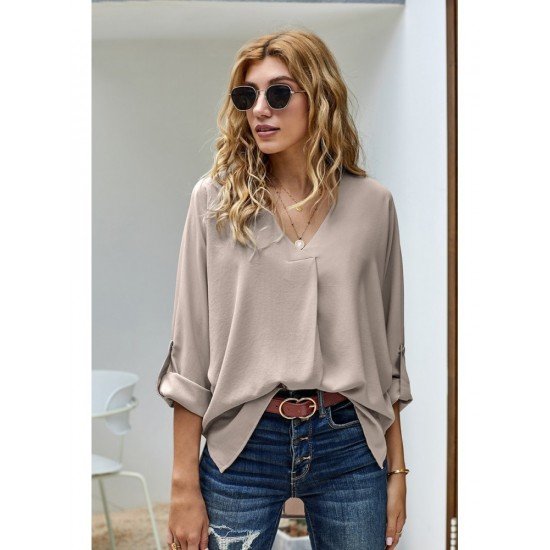  Loose V-Neck Pure Color Long Sleeve Shirt