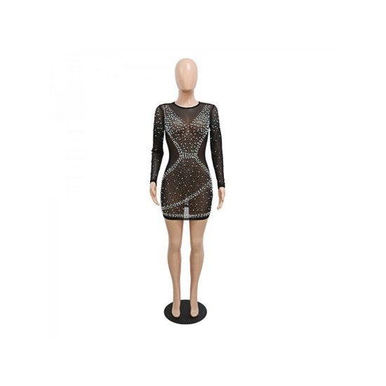 Nightclub Hot Drilling Black Long Sleeve Short Dress