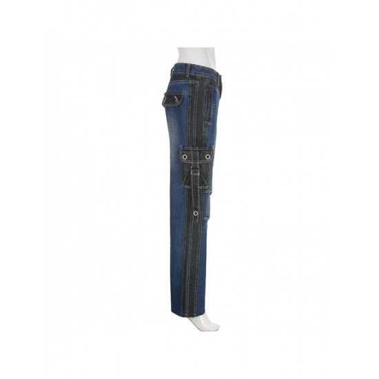 Designer Patchwork Loose Straight Leg Blue Ladies Jeans