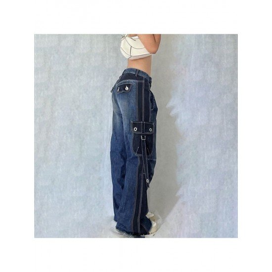 Designer Patchwork Loose Straight Leg Blue Ladies Jeans