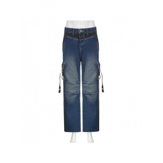 Designer Patchwork Loose Straight Leg Blue Ladies Jeans