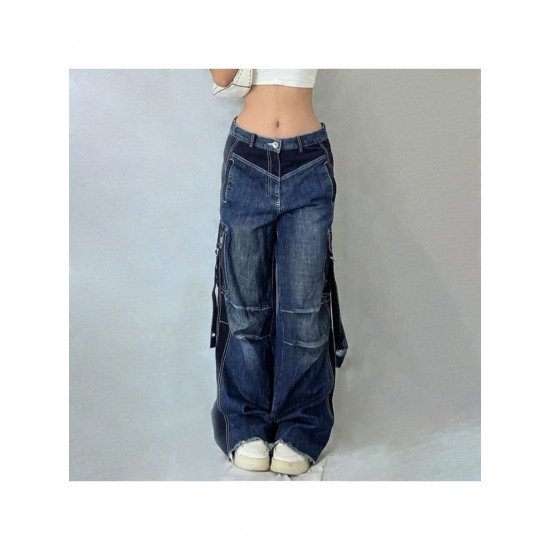 Designer Patchwork Loose Straight Leg Blue Ladies Jeans