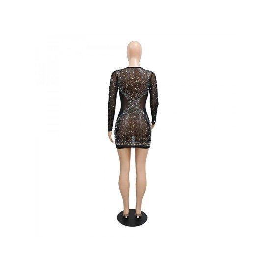 Nightclub Hot Drilling Black Long Sleeve Short Dress