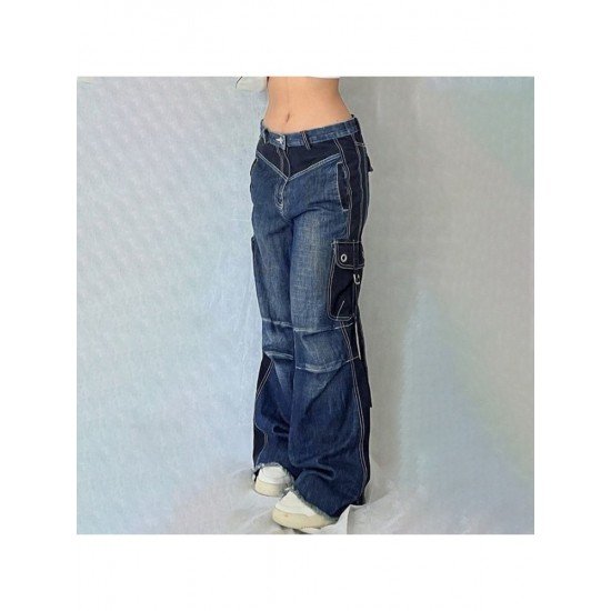 Designer Patchwork Loose Straight Leg Blue Ladies Jeans