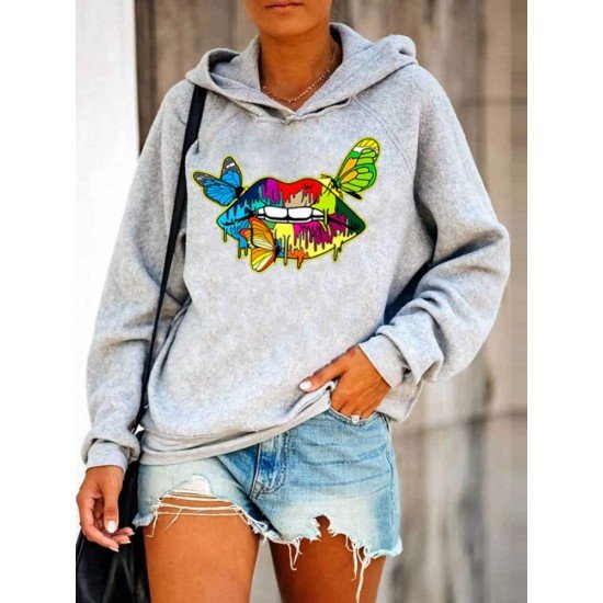 Casual Butterfly Lip Graphic Hoodies Tops