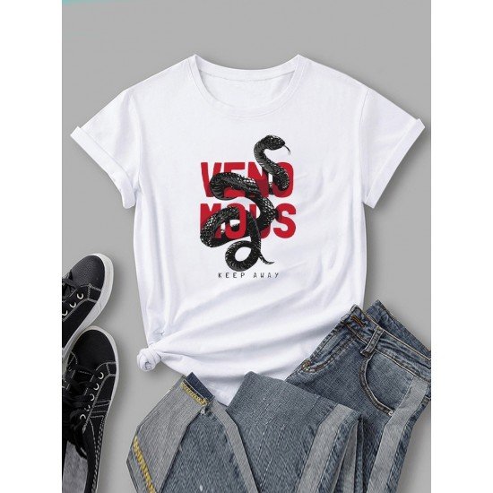 3D Snake Letter Printed Summer White T Shirts