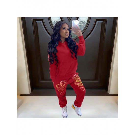 Snake Print Pockets Red Matching 2 Piece Jogger Sets