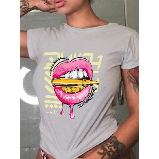 Women Lip Graphic Crew Neck T Shirts