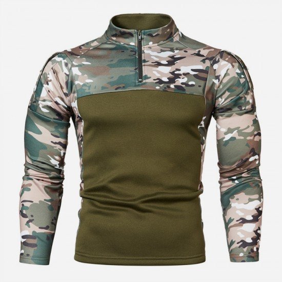 Stand Collar Camouflage Patchwork Men Tops