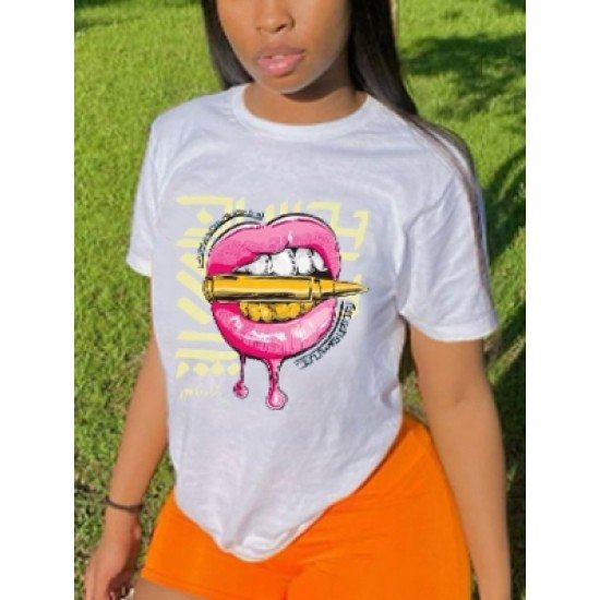 Women Lip Graphic Crew Neck T Shirts